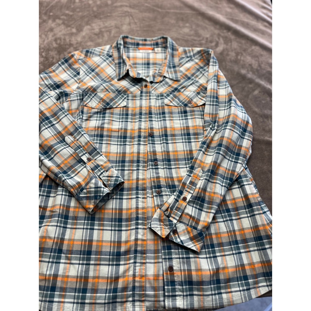 LL Bean Mens 1X Plaid Button Down Shirt Orange Blue Gray Long Sleeve Flannel